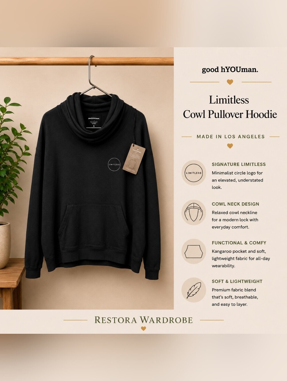 good hYOUman LIMITLESS Black Cowl Neck Hoodie Pullover XS
